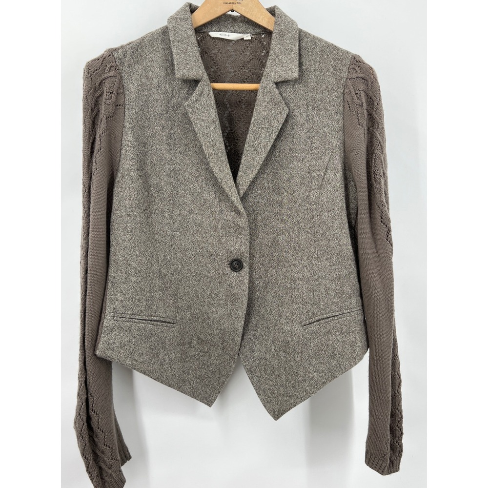 Mixed Media Wool Blend Knit Sleeve Blazer Jacket Brown Taupe Sz M Professional
